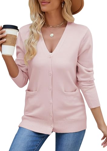 MAGIMODAC Damen Strickjacke Kurz V-Ausschnitt Strickcardigan Langarm Einfarbig Gestrickt Cardigan Slim Fit Strickmantel Casual Strickpullover Jacken mit Knöpfen Taschen Rosa S von MAGIMODAC