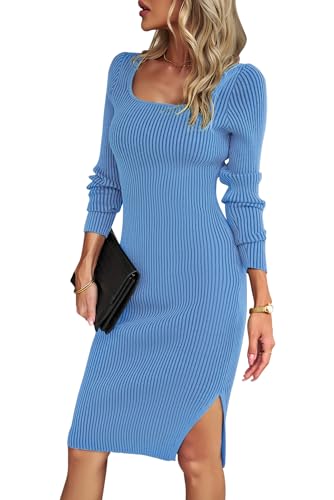 MAGIMODAC Damen Strickkleid Bodycon Freizeitkleid Pullikleid Midi Kleider Herbst Winter gestricktes Figurbetontes Kleid Midikleid Blau L von MAGIMODAC