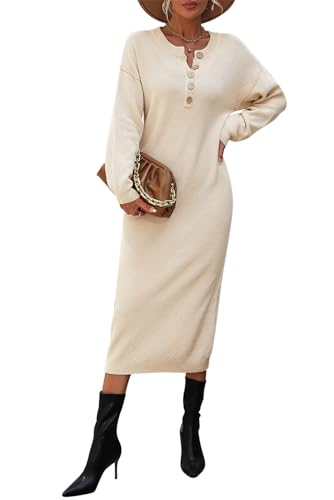 MAGIMODAC Damen Strickkleid Herbst Tunika Kleid Pullover Pullikleid Lang gestrickte Kleider Winter Freizeitkleid mit Knöpfe Beige L von MAGIMODAC