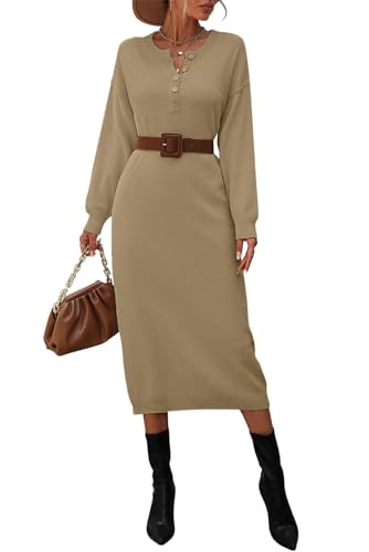 MAGIMODAC Damen Strickkleid Herbst Tunika Kleid Pullover Pullikleid Lang gestrickte Kleider Winter Freizeitkleid mit Knöpfe Khaki S von MAGIMODAC