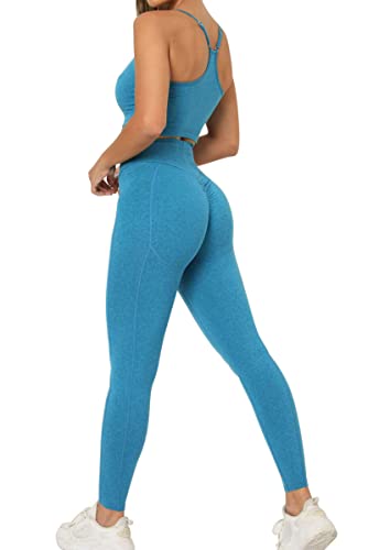 MAGIMODAC Damen Yoga Leggings Sportanzug Trainingsanzug Fitnessanzug Sport BH Oberteil Leggings 2 Teiliges Set Yogaanzug Blau L von MAGIMODAC