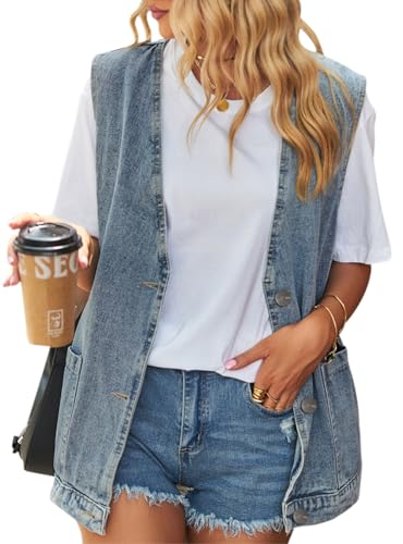 MAGIMODAC Denim Weste Damen Jeansweste Jeansjacke Oversized Boyfriend Locker Ärmellos Hoodie Jacke Mantel mit Taschen Hellblau XL von MAGIMODAC