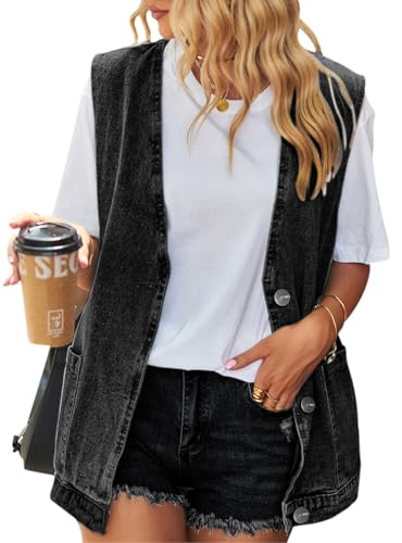 MAGIMODAC Denim Weste Damen Jeansweste Jeansjacke Oversized Boyfriend Locker Ärmellos Hoodie Jacke Mantel mit Taschen Schwarz L von MAGIMODAC