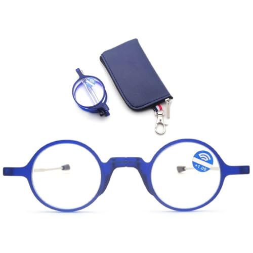 MAGIMODAC Faltbare Lesebrille Damen Herren Blaulichtfilter Runde Klein Mini Lesebrillen Lesehilfe Sehhilfe mit Etui Blau 2,00 von MAGIMODAC