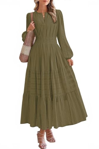MAGIMODAC Freizeitkleid Damen Langarm Baumwolle Kleider Casual Lang Einfarbig Maxikleid Elegant V-Ausschnitt A-Linie Frühling Herbst Kleid Elatische Taille mit Taschen Armeegrün XL von MAGIMODAC