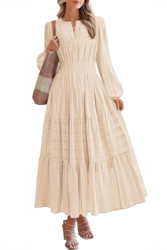 MAGIMODAC Freizeitkleid Damen Langarm Baumwolle Kleider Casual Lang Einfarbig Maxikleid Elegant V-Ausschnitt A-Linie Frühling Herbst Kleid Elatische Taille mit Taschen Beige XL von MAGIMODAC