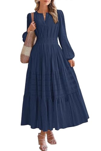 MAGIMODAC Freizeitkleid Damen Langarm Baumwolle Kleider Casual Lang Einfarbig Maxikleid Elegant V-Ausschnitt A-Linie Frühling Herbst Kleid Elatische Taille mit Taschen Dunkelblau XL von MAGIMODAC