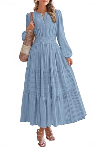MAGIMODAC Freizeitkleid Damen Langarm Baumwolle Kleider Casual Lang Einfarbig Maxikleid Elegant V-Ausschnitt A-Linie Frühling Herbst Kleid Elatische Taille mit Taschen Grau-blau M von MAGIMODAC