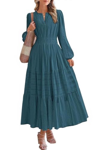 MAGIMODAC Freizeitkleid Damen Langarm Baumwolle Kleider Casual Lang Einfarbig Maxikleid Elegant V-Ausschnitt A-Linie Frühling Herbst Kleid Elatische Taille mit Taschen Pfauenblau L von MAGIMODAC
