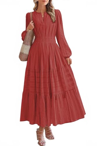 MAGIMODAC Freizeitkleid Damen Langarm Baumwolle Kleider Casual Lang Einfarbig Maxikleid Elegant V-Ausschnitt A-Linie Frühling Herbst Kleid Elatische Taille mit Taschen Rot M von MAGIMODAC