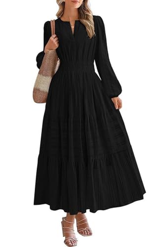 MAGIMODAC Freizeitkleid Damen Langarm Baumwolle Kleider Casual Lang Einfarbig Maxikleid Elegant V-Ausschnitt A-Linie Frühling Herbst Kleid Elatische Taille mit Taschen Schwarz XL von MAGIMODAC