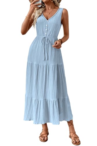 MAGIMODAC Freizeitkleider Damen Lang Sommerkleid Elegant Kleid V-Ausschnitt Hohe Taille Elegant Maxikleid Casual A-Linie Ärmellose Tankini Kleider Mit Knöpfen Baby Blau L von MAGIMODAC