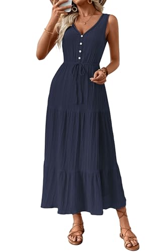 MAGIMODAC Freizeitkleider Damen Lang Sommerkleid Elegant Kleid V-Ausschnitt Hohe Taille Elegant Maxikleid Casual A-Linie Ärmellose Tankini Kleider Mit Knöpfen Navyblau XL von MAGIMODAC