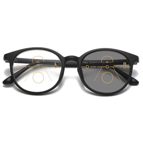 MAGIMODAC Herren Damen Gleitsicht Lesebrille Selbsttönende Progressive Multifokale Blaulichtfilter Photochrome UV Schutz Oval Runde Sonnenlesebrille Schwarz 3,00 von MAGIMODAC