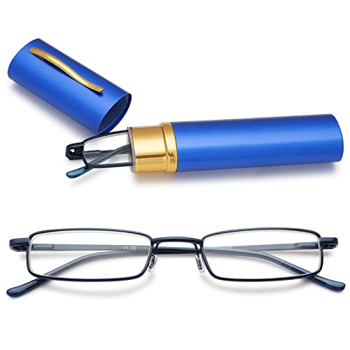 MAGIMODAC Herren Damen Lesebrille Anti Blaulicht Brille mit sehstärke Blaulichtfilter Metall Lesehilfe schmale Lesebrillen mit Stiftetui (1.0, Blau) von MAGIMODAC