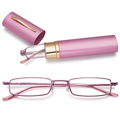 MAGIMODAC Herren Damen Lesebrille Anti Blaulicht Brille mit sehstärke Blaulichtfilter Metall Lesehilfe schmale Lesebrillen mit Stiftetui (1.0, Rosa) von MAGIMODAC