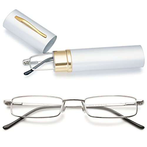 MAGIMODAC Herren Damen Lesebrille Anti Blaulicht Brille mit sehstärke Blaulichtfilter Metall Lesehilfe schmale Lesebrillen mit Stiftetui (1.5, Silber) von MAGIMODAC