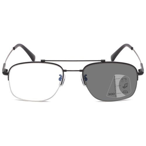 MAGIMODAC Herren Lesebrille Sonnenschutz Gleitsichtbrille Progressive Multifokus Photochrome Metall Sonnenlesebrille Blaulichtfilter Lesebrillen Schwarz 2.50 von MAGIMODAC