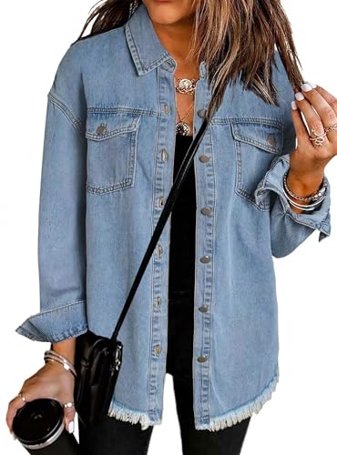 MAGIMODAC Jeansjacke Damen Denim Hemd Langarm Jeans Jacken Casual Einfarbig Shacket Boyfriend Jeanshemd Jacke Regular Fit mit Knöpfen und Taschen Hellblau L von MAGIMODAC