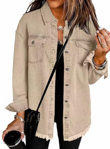 MAGIMODAC Jeansjacke Damen Denim Hemd Langarm Jeans Jacken Casual Einfarbig Shacket Boyfriend Jeanshemd Jacke Regular Fit mit Knöpfen und Taschen Khaki L von MAGIMODAC