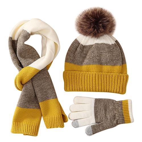 MAGIMODAC Jungen Mädchen Winter Mütze Schal Handschuhe gefütterte Strickmütze Beanie Winterschal Wintermütze 3 teiliges Set Gelb Braun von MAGIMODAC