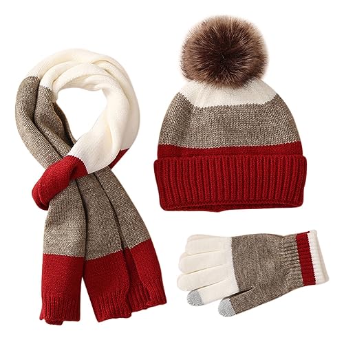 MAGIMODAC Jungen Mädchen Winter Mütze Schal Handschuhe gefütterte Strickmütze Beanie Winterschal Wintermütze 3 teiliges Set Rot Braun von MAGIMODAC