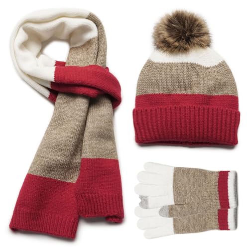 MAGIMODAC Jungen Mädchen Winter Mütze Schal Handschuhe gefütterte Strickmütze Beanie Winterschal Wintermütze 3 teiliges Set Rot Braun von MAGIMODAC