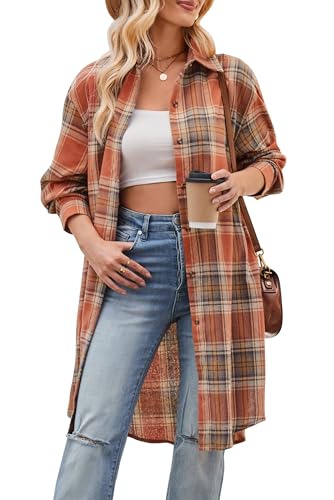 MAGIMODAC Karierte Hemd Damen Langarm Karohemd Lang Holzfällerhemd Button-Down Karo Hemdbluse Herbst Hemdjacke Casual Oversized Tunika Tops Hellbraun 2XL MAGIMODAC Karierte Hemd Damen Langarm Karohemd Lang Holzfällerhemd Button-Down Karo Hemdbluse Herbst Hemdjacke Casual Oversized Tunika Tops Hellbraun 2XL von MAGIMODAC