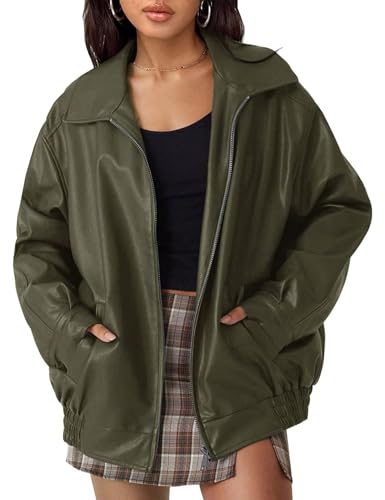 MAGIMODAC Kunstlederjacke Damen Übergangsjacke Herbst Winter Lederjacke Kunstleder Jacken kurze Herbstjacke Reißverschluss Taschen Armeegrün S von MAGIMODAC