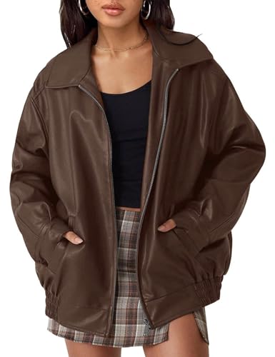 MAGIMODAC Kunstlederjacke Damen Übergangsjacke Herbst Winter Lederjacke Kunstleder Jacken kurze Herbstjacke Reißverschluss Taschen Braun XL von MAGIMODAC