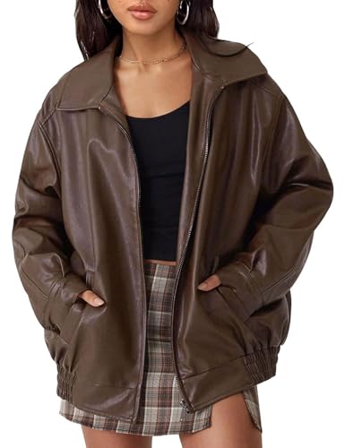 MAGIMODAC Kunstlederjacke Damen Übergangsjacke Herbst Winter Lederjacke Kunstleder Jacken kurze Herbstjacke Reißverschluss Taschen Dunkelbraun 2XL von MAGIMODAC