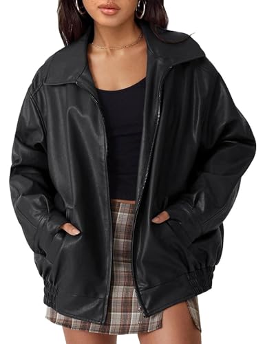 MAGIMODAC Kunstlederjacke Damen Übergangsjacke Herbst Winter Lederjacke Kunstleder Jacken kurze Herbstjacke Reißverschluss Taschen Schwarz XL von MAGIMODAC