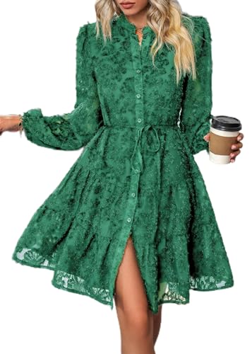 MAGIMODAC Kurz Spitzenkleid Damen V-Ausschnitt Abendkleid Langarm Festliches Shirtkleid Wickeloptik Einfarbig Hemdkleid Elegant Knielang Kleider mit Knöpfen Taillenband Dunkelgrün XL von MAGIMODAC