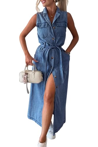 MAGIMODAC Langes Jeanskleid Ärmellos Lang Denim Kleider Sommerkleid Tunika Kleid mit Gürtel & Taschen mit Knöpfen Hemdkleid Blau S von MAGIMODAC