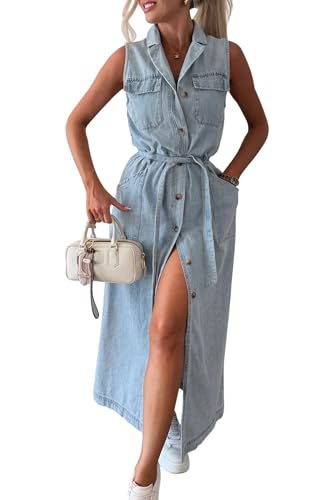 MAGIMODAC Langes Jeanskleid Ärmellos Lang Denim Kleider Sommerkleid Tunika Kleid mit Gürtel & Taschen mit Knöpfen Hemdkleid Hellblau M von MAGIMODAC