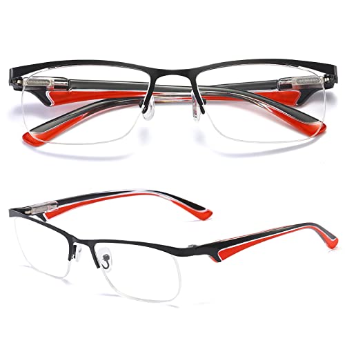 MAGIMODAC Lesebrille Blaulichtfilter Halbrahmen Lesebrillen Rechteckige Lesehilfe Federscharnier Metall Sehhilfe mit PU Leder Etui für Herren Damen (Rot, 1.50) von MAGIMODAC