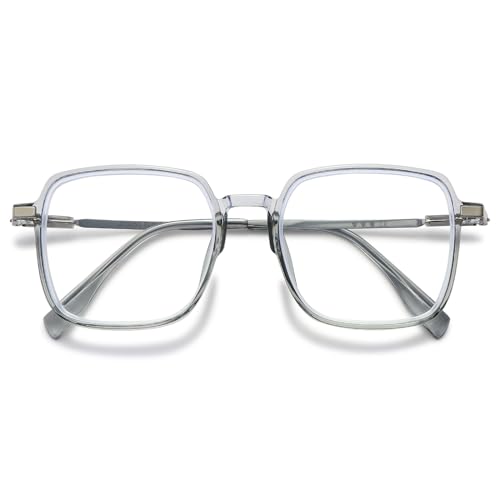 MAGIMODAC Mode Lesebrille Damen Herren Groß Blaulichtfilter Computer Lesebrillen Quadratisch Rechteckige Metall Lesehilfe Sehhilfe Grau 3.00 von MAGIMODAC