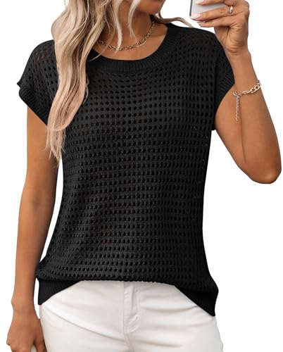 MAGIMODAC Pullover Damen Kurzarm Strickpullover Rundhals Strickpulli Gestricktes Oberteil Hollow Out Pulli Sweater Lochmuster Elegante Passform Schwarz XL von MAGIMODAC