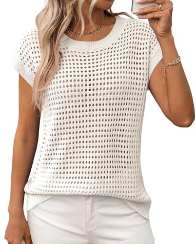 MAGIMODAC Pullover Damen Kurzarm Strickpullover Rundhals Strickpulli Gestricktes Oberteil Hollow Out Pulli Sweater Lochmuster Elegante Passform Weiß L von MAGIMODAC