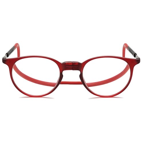 MAGIMODAC Runde Magnetische Lesebrille Damen Herren Magnetverschluss Hängender Hal Leicht Faltbar Lesebrillen Retro Haltbar Flexibel Magnetlesebrillen mit Verstellbaren Bügeln Rot 1.75+ von MAGIMODAC