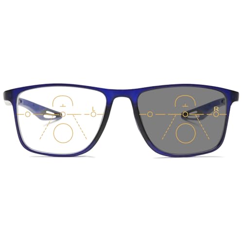 MAGIMODAC Selbsttönende Gleitsichtlesebrille Rechteckige Herren Damen Progressive Multifokale Lesebrille Blaulichtfilter Lesebrillen Multifocus Photochrome Sonnenlesebrille Dunkelblau +2.50 von MAGIMODAC