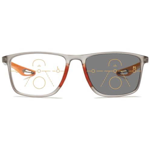 MAGIMODAC Selbsttönende Gleitsichtlesebrille Rechteckige Herren Damen Progressive Multifokale Lesebrille Blaulichtfilter Lesebrillen Multifocus Photochrome Sonnenlesebrille Grau mit Orange +2.00 von MAGIMODAC
