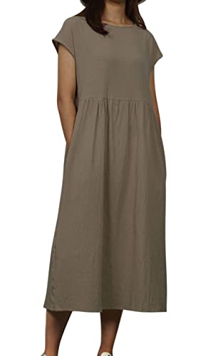 MAGIMODAC Damen Tunika Kleid Kurzarm Sommer Shirtkleid Knielang Leinenkleid GR.36-50 Baumwolle T Shirt Kleider Freizeitkleid Sommerkleid mit Taschen (Etikett L/EU 40, Khaki) von MAGIMODAC