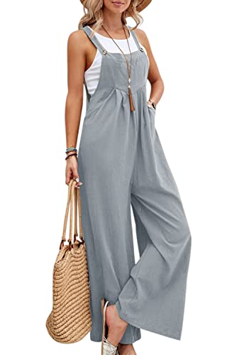 MAGIMODAC Sommer Latzhose Baumwolle Damen Jumpsuit Overall Luftig Lang Hosen Dungarees Ärmellos Hosenanzug mit Taschen Grau L von MAGIMODAC