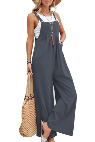 MAGIMODAC Sommer Latzhose Baumwolle Damen Jumpsuit Overall Luftig Lang Hosen Dungarees Ärmellos Hosenanzug mit Taschen Grau S von MAGIMODAC