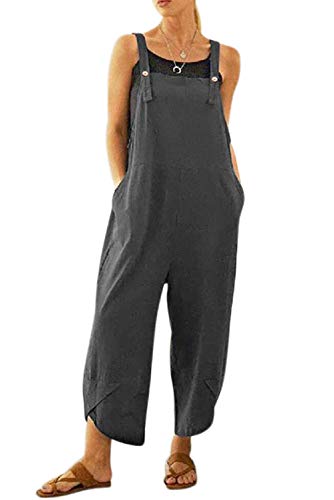 MAGIMODAC Sommer Latzhose Damen Baumwolle-Leinen Stoff Overall Oversized Jumpsuit lässig mit Taschen Grau L von MAGIMODAC