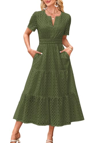 MAGIMODAC Sommerkleid A Linie Damen Lang Kurzarm V Ausschnitt Midikleid Maxikleid Freizeitkleid Baumwolle Kleider Strandkleid mit Taschen Armeegrün XL von MAGIMODAC