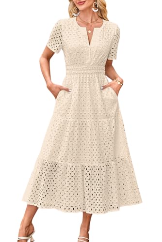 MAGIMODAC Sommerkleid A Linie Damen Lang Kurzarm V Ausschnitt Midikleid Maxikleid Freizeitkleid Baumwolle Kleider Strandkleid mit Taschen Beige L von MAGIMODAC