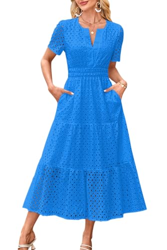 MAGIMODAC Sommerkleid A Linie Damen Lang Kurzarm V Ausschnitt Midikleid Maxikleid Freizeitkleid Baumwolle Kleider Strandkleid mit Taschen Blau M von MAGIMODAC
