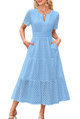 MAGIMODAC Sommerkleid A Linie Damen Lang Kurzarm V Ausschnitt Midikleid Maxikleid Freizeitkleid Baumwolle Kleider Strandkleid mit Taschen Hellblau L von MAGIMODAC